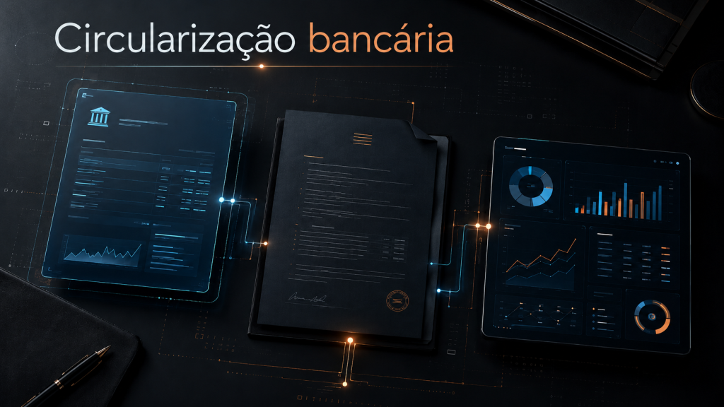 Imagem conceitual em dark mode sobre circularização bancária, mostrando uma carta bancária digital, um contrato financeiro e um painel de controle conectados por linhas de dados, representando a validação entre posição bancária, memória de cálculo e dívida real da empresa.