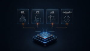 Ilustração em dark mode com quatro modalidades de contratos financeiros, CCB, CPR, ACC e capital de giro, conectadas a uma plataforma central de controle financeiro corporativo.