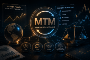 Ilustração sobre MTM em derivativos, com marcação a mercado de NDF, swap e operações estruturadas a partir de curvas de juros, câmbio e condições de mercado.