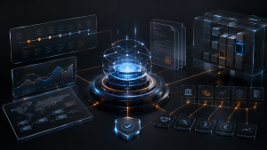 Imagem conceitual em estilo fintech premium mostrando um hub digital central conectado a painéis financeiros, contratos, gráficos e blocos de dados, representando controle de endividamento corporativo, rastreabilidade dos cálculos, integração com ERP e governança financeira.