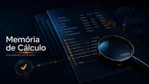 Imagem abstrata de uma memória de cálculo bancária em interface digital, com valores financeiros detalhados, rastreabilidade da cobrança e lupa destacando a composição do cálculo.
