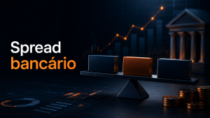 Imagem em dark mode com o texto “Spread bancário”, blocos financeiros sobre uma balança, gráfico ascendente ao fundo e estética institucional para ilustrar negociação de dívida corporativa no CalcBank.