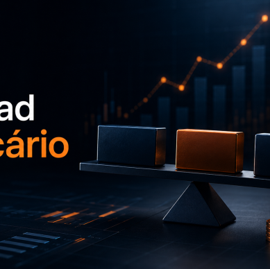 Imagem em dark mode com o texto “Spread bancário”, blocos financeiros sobre uma balança, gráfico ascendente ao fundo e estética institucional para ilustrar negociação de dívida corporativa no CalcBank.